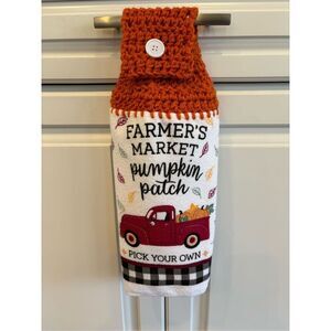 Crochet Top Kitchen towel-Farmers market pumpkin patch red truck